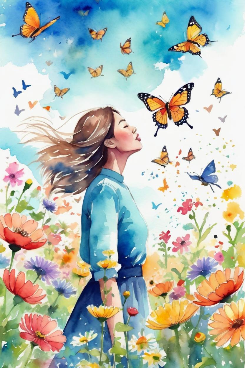 Artificial Intelligence (AI) generated image art, ..., illustration, field of flowers, blowing flowers, butterflies, bright sky, birds, pretty, water color