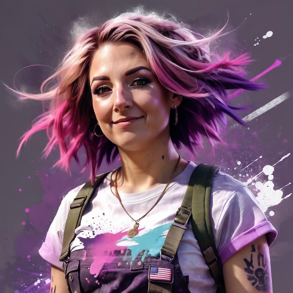 Artificial Intelligence (AI) generated image art, ... snthwve style nvinkpunk award winning half body portrait of a woman in a croptop and cargo pants with ombre pink and purple hairstyle with head in motion and hair flying, paint splashes, splatter, outrun, vaporware, shaded flat illustration, digital art, trending on artstation, highly detailed, fine detail, intricate