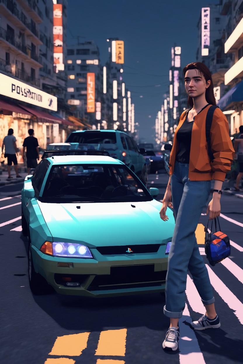 Artificial Intelligence (AI) generated image art, ..., early 2000 low game graphics, 2000s playstation graphics artstyle, low polygon 3d game, psx game, ps2 game, standing next to cool car, in city beach