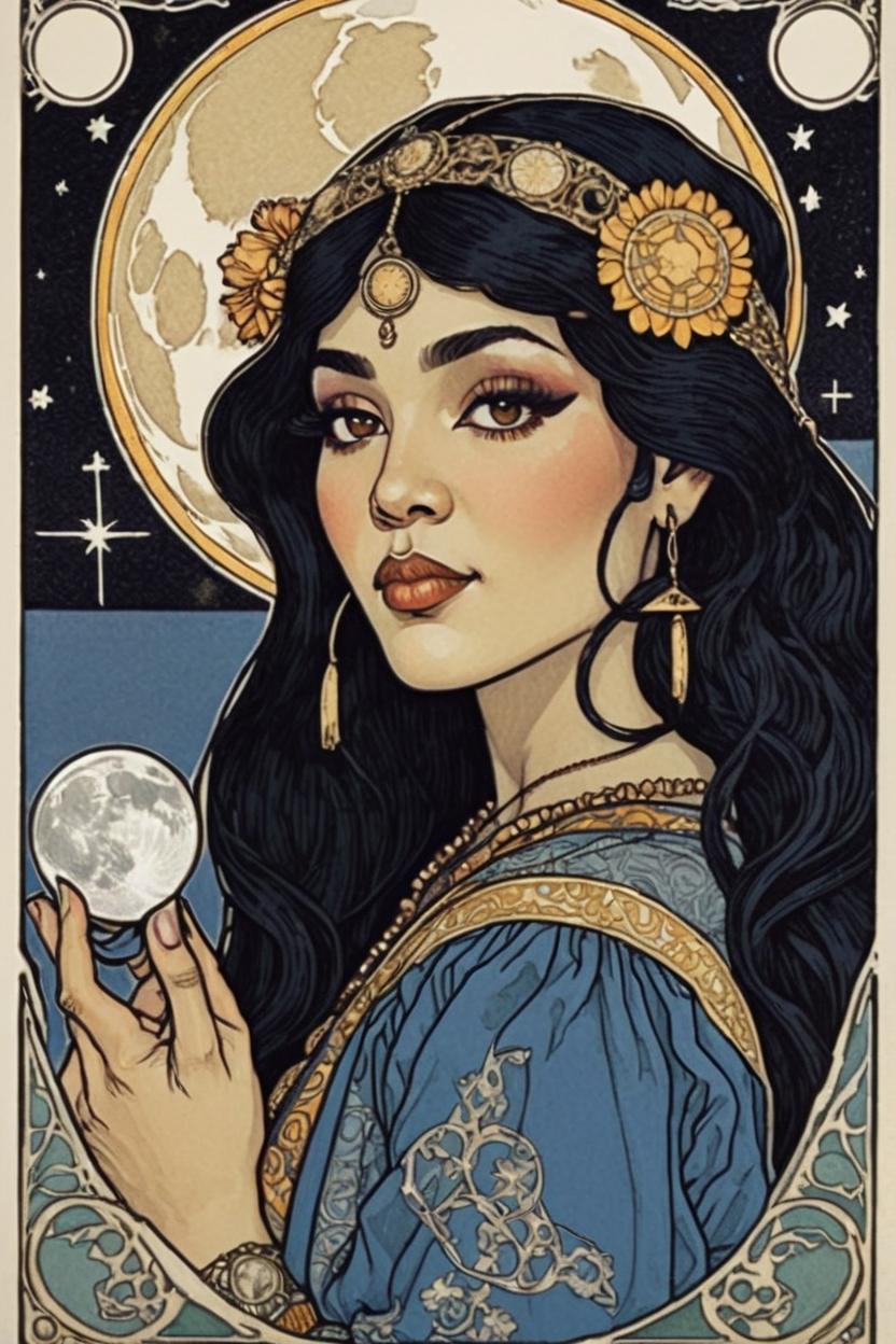 Artificial Intelligence (AI) generated image art, ..., portrait, artwork by Ivan Bilibin, Art Nouveau, tarot card, holding a moon