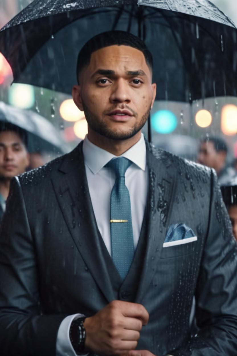 Artificial Intelligence (AI) generated image art, ... addressing a crowd of people, early morning rain, portrait, 8k, cinematic, ultra-detailed, photorealistic, extremely sharp focus, people in the background, dressed in suit