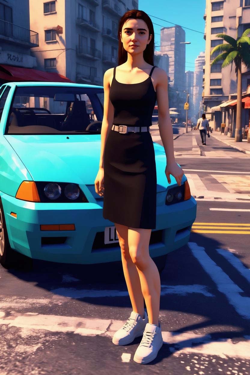 Artificial Intelligence (AI) generated image art, ..., early 2000 low game graphics, 2000s playstation graphics artstyle, low polygon 3d game, psx game, ps2 game, standing next to cool car, in city beach