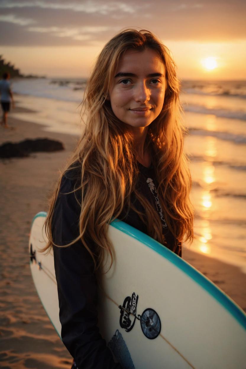 Artificial Intelligence (AI) generated image art, ..., portrait, long blonde wavy hair, holding surfboard on tropical beach, sunset, stunning photograph