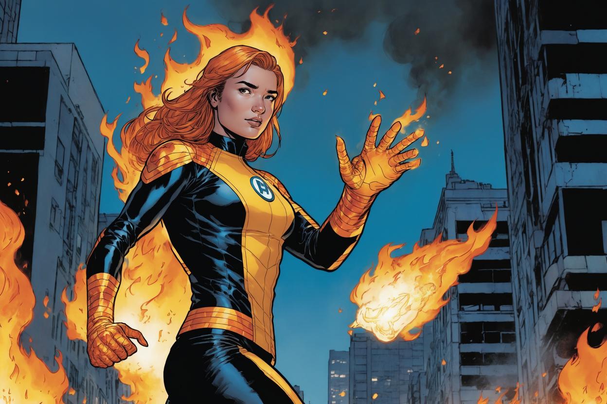 Artificial Intelligence (AI) generated image art, ..., as Nova, Frankie Raye, as the Human Torch, in flames, art by Jim Cheung, Marvel Comics