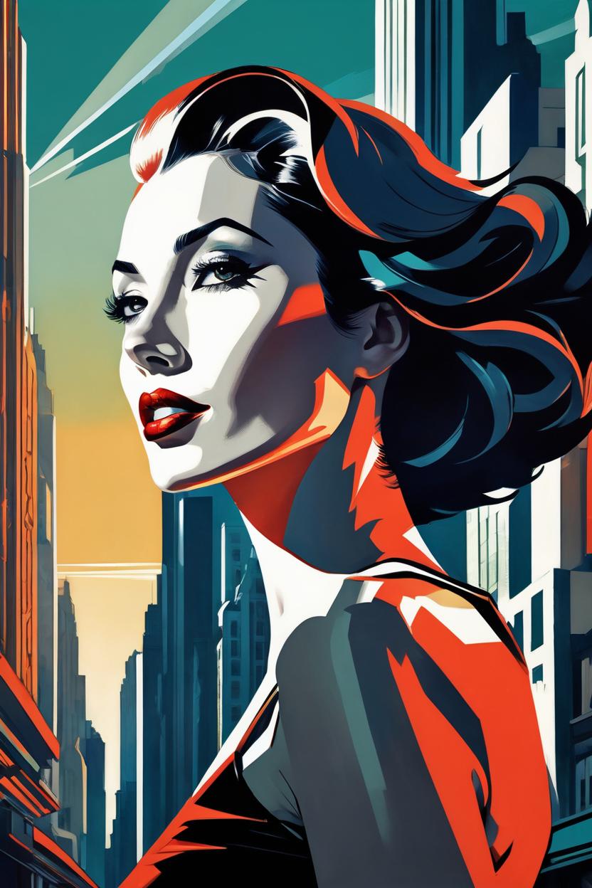 Artificial Intelligence (AI) generated image art, ..., shiny haircut, (leave space above head), dramatic light, art deco city background, high contrast, sharp, painted by stanley artgerm lau, painted by patrick nagel