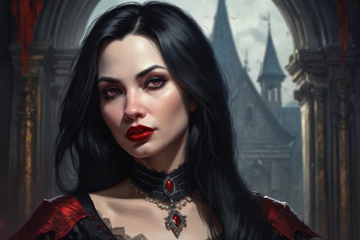 Artificial Intelligence (AI) generated image art, painted portrait of ... as a beautiful vampiric temptress, black hair, upper body, intricate, elegant, highly detailed, digital painting, artstation, concept art, smooth, sharp focus, illustration, art by gaston bussiere and magali villeneuve