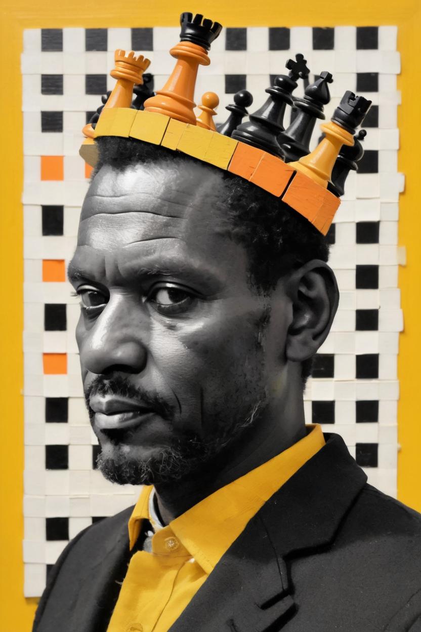 Artificial Intelligence (AI) generated image art, ((..., dada portrait, art by Lubaina Himid, cut up portrait, black and white photo)), yellow and orange accent colours, chess pieces, texture, found objects, Objet Trouvé