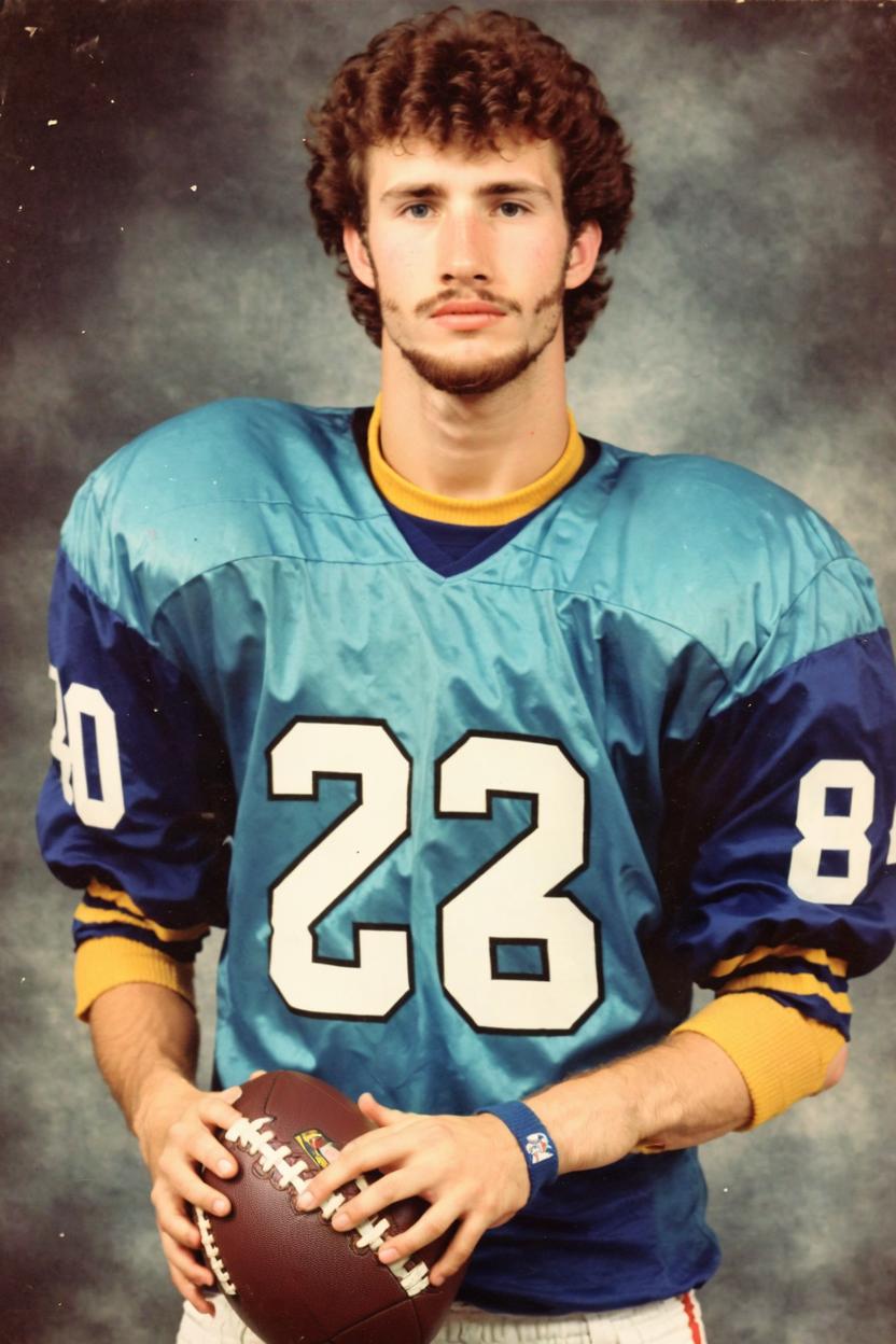 Artificial Intelligence (AI) generated image art, ..., 80s yearbook photo, vintage, as a cool football team guy