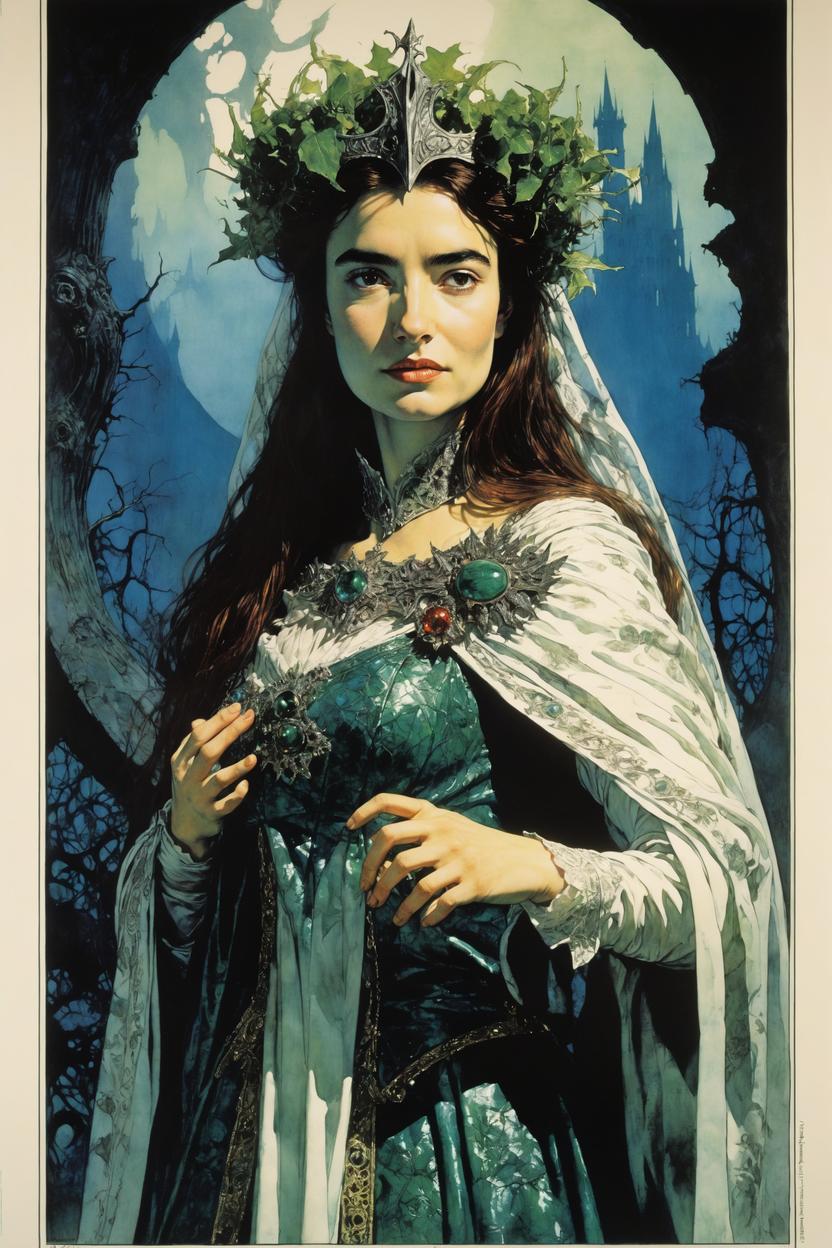 Artificial Intelligence (AI) generated image art, ..., as ALARIELLE THE EVERQUEEN, poster, by John Blanche, Mantled in the finery of nature at its most wrathful