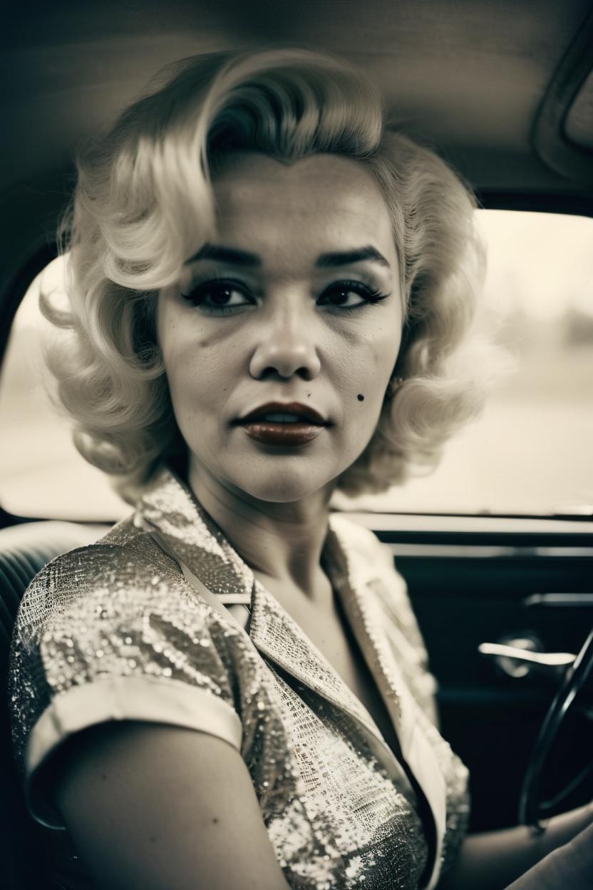 Artificial Intelligence (AI) generated image art, ..., portrait, as Marilyn Monroe, old photo, film grain, in a car