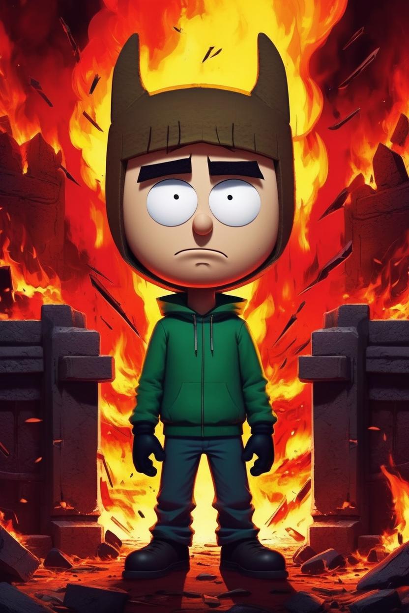 Artificial Intelligence (AI) generated image art, (((south park cartoon character))), ... man, illustration, at hell gates, sharp focus, deep colours