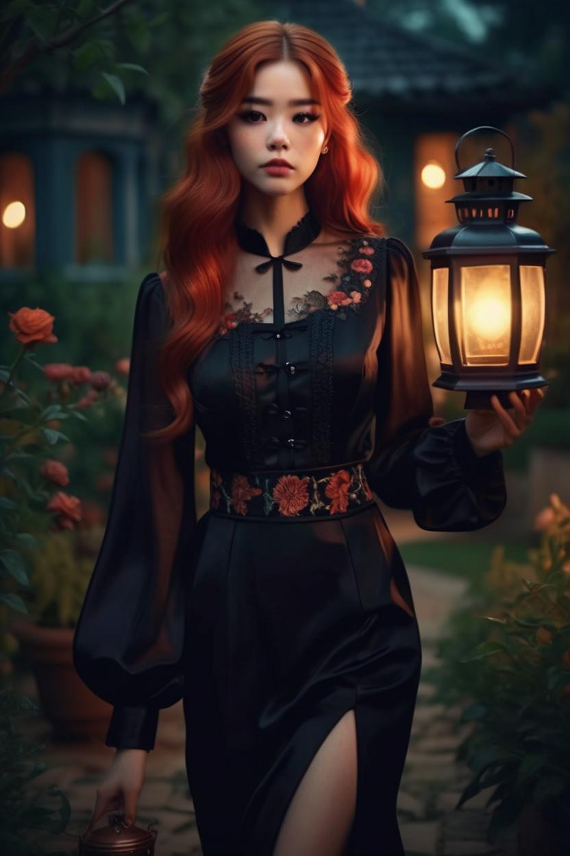 Artificial Intelligence (AI) generated image art, ..., ((portrait)), beautiful red hair, dressed in a black gown, highly detailed illustration, walking through a garden holding a lantern at midnight, deep focus, d & d, fantasy, intricate, elegant, highly detailed, digital painting, artstation, concept art, sunset, matte, sharp focus, pouty lips, ultrarealistic, shot in the style of Wes Anderson, Mysterious and seductive atmosphere