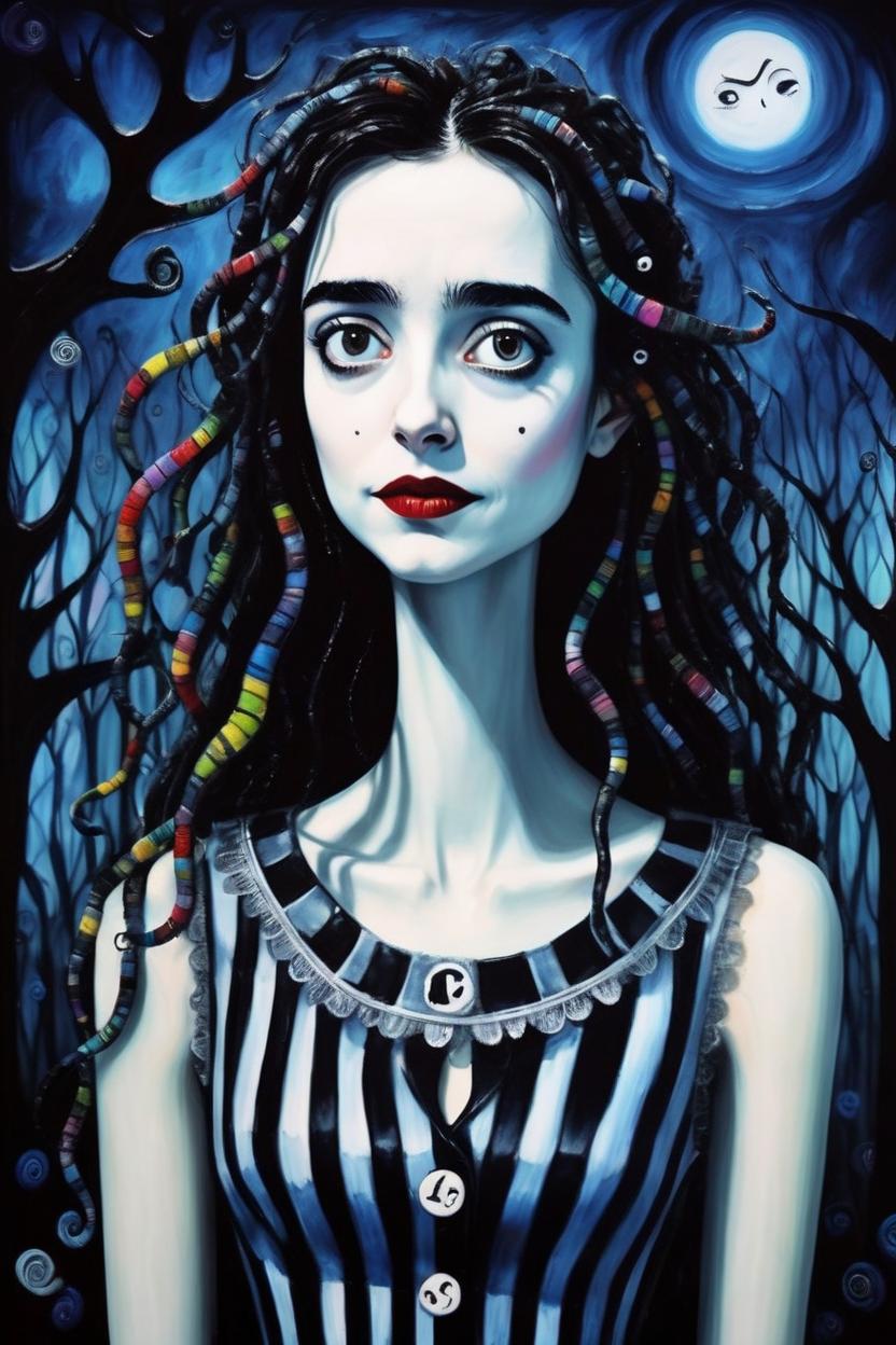 Artificial Intelligence (AI) generated image art, ..., tim burton style animation, masterpiece art painting