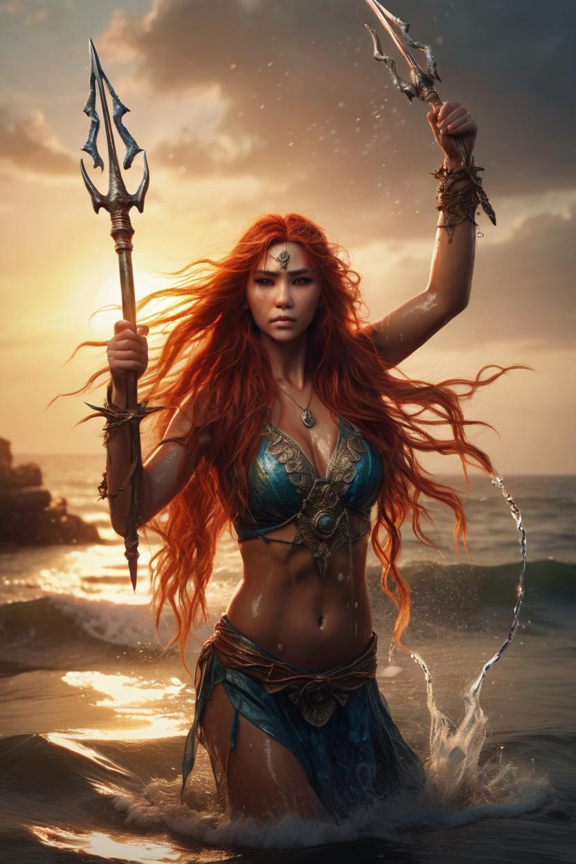 Artificial Intelligence (AI) generated image art, ..., ((realistic)) majestic water goddes Mera, holding one three spike trident, with wet body and flowing red long hair rising from the sea with sunset, ((portrait)), epic scene, epic light, intricate detailed, fine details, artstation, masterpiece