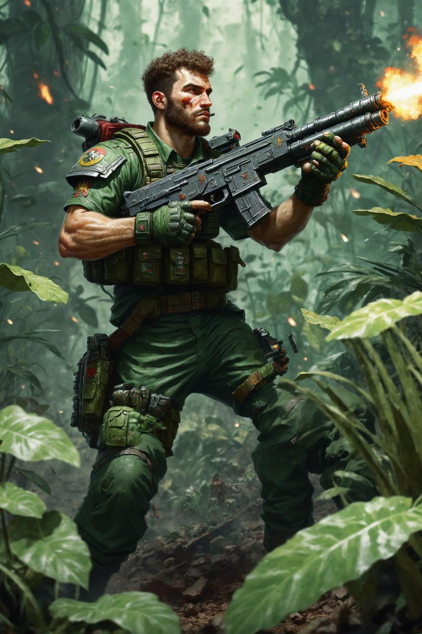 Artificial Intelligence (AI) generated image art, ..., as a Catachan jungle fighter CATACHAN JUNGLE FIGHTERS, shooting at plants, art by Artur Nakhodkin, Warhammer 40K artwork under the category of Astra Militarum, a deathworld where even the plants are dangerous