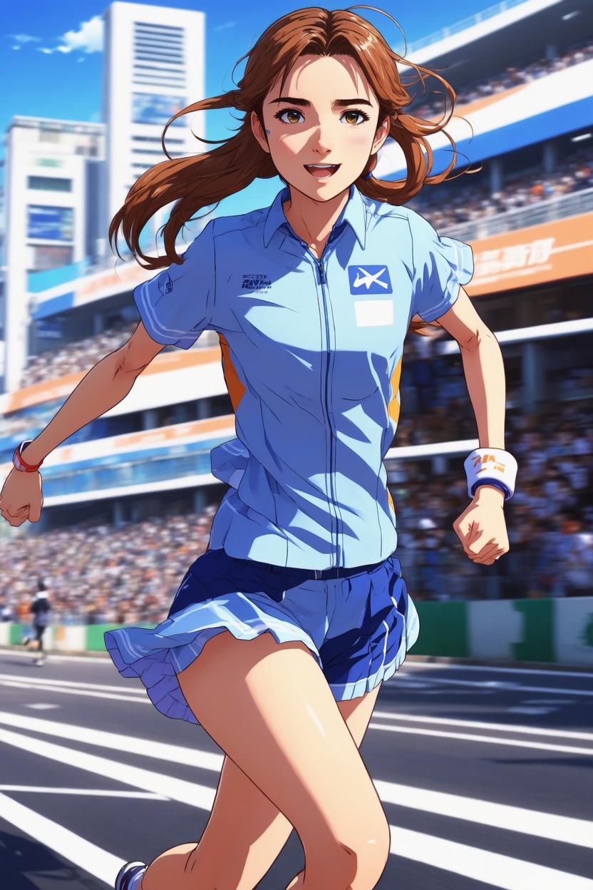 Artificial Intelligence (AI) generated image art, ..., as anime girl sprinting, anime girl from Uma Musume Twocar Derby, super cute anime style, illustration, anime girl art by makoto shinkai