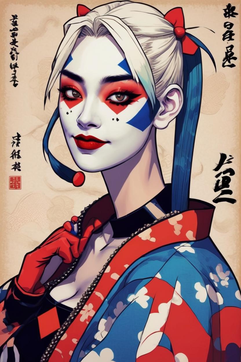 Artificial Intelligence (AI) generated image art, ... as harley quinn, in ukiyo-e style, portrait