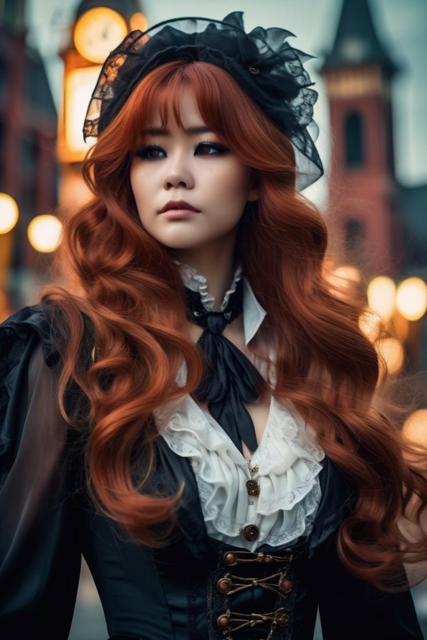 Artificial Intelligence (AI) generated image art, ..., long, red wavy hair, wearing a romantic Victorian ghost costume with flowing black fabrics and ethereal accessories, perfect anatomy, 32k UHD resolution, best quality, realistic photo, professional photography, highly detailed, vibrant, clean eyes, (steampunk cityscape, airships, clockwork elements, industrial magic, fantasy metropolis), cowboy shot, cinematic angle, dramatic lights,