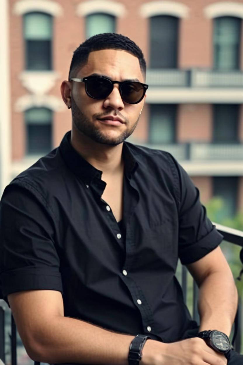 Artificial Intelligence (AI) generated image art, ..., sitting on a balcony, wearing sunglasses and a black unbuttoned shirt, highly detailed, UHD, 8K, bokh, dof, background big city in America
