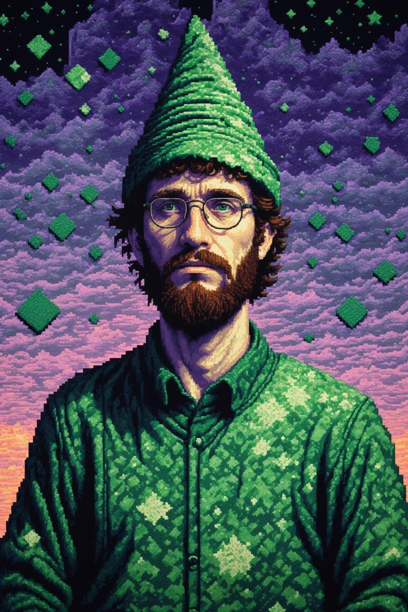 Artificial Intelligence (AI) generated image art, portrait of ..., (8 bit pixel art), as a wizard, in a green hightech computer room made from stone, halftone dot, in the style of conceptual embroideries, bernie wrightson, pixelart, digitally enhanced, albert pinkham ryder, in the style of embroidery, retro video game pixel graphics, stitched, jim burns, cinestill 50d, detail, gilbert williams, pixel art, purple sunset, stars in sky