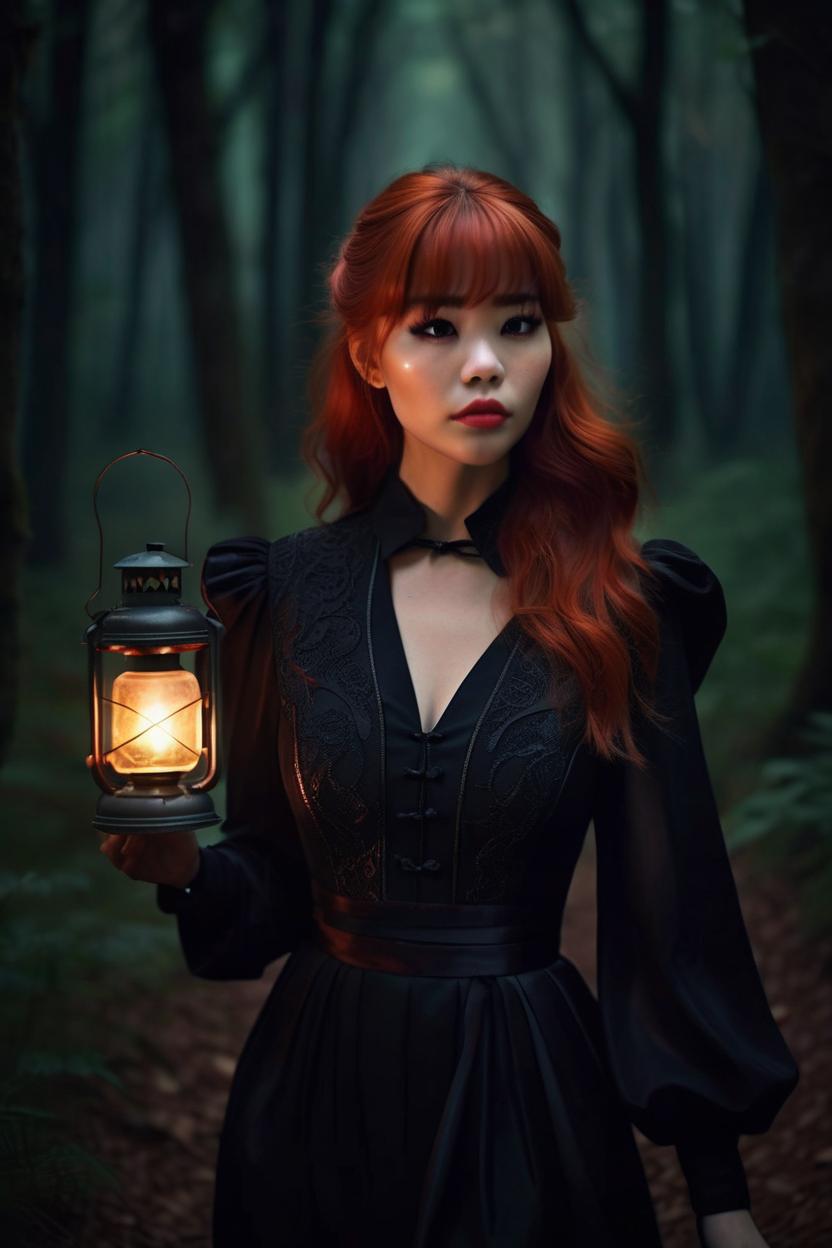 Artificial Intelligence (AI) generated image art, ..., ((portrait)), beautiful red hair, dressed in a black gown, highly detailed illustration, walking through a dark forest holding a lantern at midnight, deep focus, d & d, fantasy, intricate, elegant, highly detailed, digital painting, concept art, sharp focus, pouty lips, ultrarealistic, shot in the style of Wes Anderson, Mysterious and seductive atmosphere