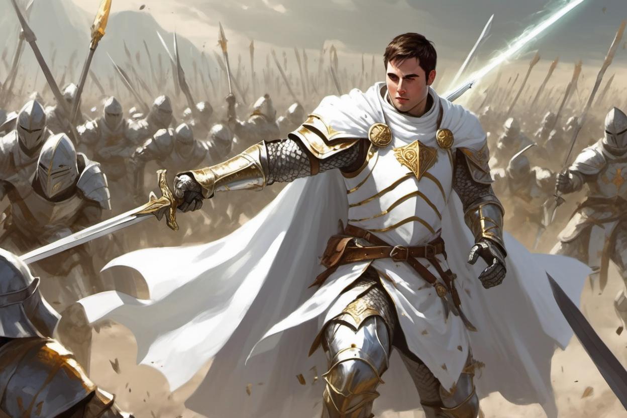 Artificial Intelligence (AI) generated image art, ..., as fantasy knight, white and gold armor, white cape, drawing sword form sheath, far view, on the battle field, leading soldiers, dungeons and dragons 5e art style\"