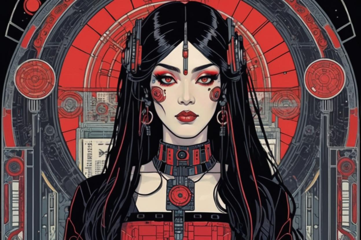 Artificial Intelligence (AI) generated image art, (*...*), portrait, artwork by Ivan Bilibin, Art Nouveau, tarot, cyberpunk, red and black android, cyborg, robotic, with black hair, dark eyes, black irises, full body