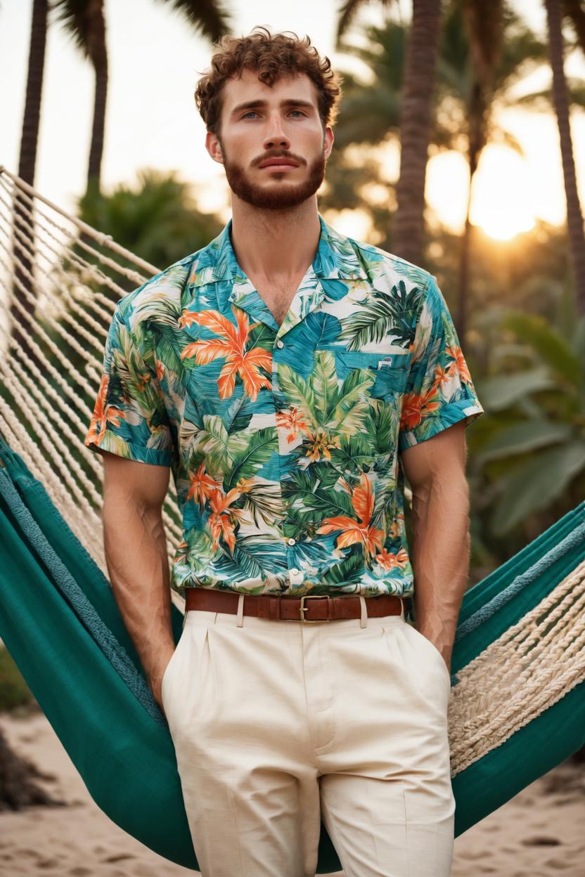 Artificial Intelligence (AI) generated image art, ..., Wearing a tropical print, short-sleeve shirt, featuring a relaxed fit and an open Cuban collar. The shirt is made of a lightweight, breezy fabric with vibrant colors. Paired with beige, tailored linen pants that are straight-fit with a comfortable, elastic waistband. They include subtle pleats and side pockets. Completing the look with tan leather espadrilles, featuring a traditional braided sole. Accessories include a beaded necklace with earthy tones and a canvas tote bag, adding a touch of bohemian flair. Lounging on a hammock between palm trees, during the golden hour of early evening. Extremely detailed photograph, stunning quality, beautiful lighting, creating a masterpiece, award-winning photograph