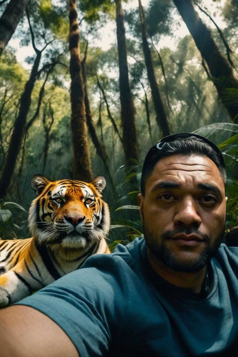 Artificial Intelligence (AI) generated image art, .... (wide angle, scene, portrait) forest, laying down with two tigers enjoying their company, one tigerblooking straight camera curious . (behind them you can see beautiful trees of the jungle) (dark around the treeline) (in a small clearing where the sun is shining so beautifully)(photographed with  ARRI ALEXA 35 Production Set (15mm Studio) emphasizing the  Super35 CMOS sensor ) shot through a Hasselblad H6D-400c lens (Uber ultra-detailed) 8k