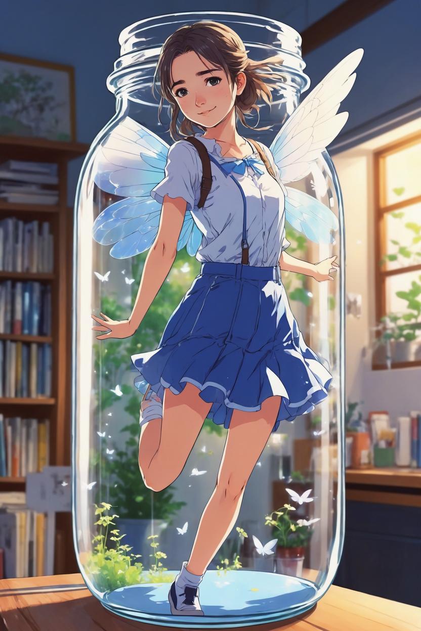 Artificial Intelligence (AI) generated image art, ..., as anime fairy trapped in mason jar, anime fairy from Amagi Brilliant Park, wings, flying, super cute anime style, illustration, anime girl art by makoto shinkai