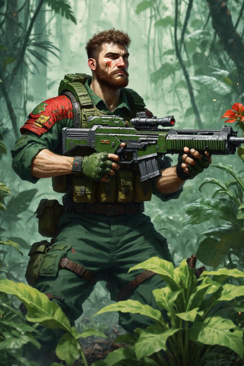 Artificial Intelligence (AI) generated image art, ..., as a Catachan jungle fighter CATACHAN JUNGLE FIGHTERS, shooting at plants, art by Artur Nakhodkin, Warhammer 40K artwork under the category of Astra Militarum, a deathworld where even the plants are dangerous