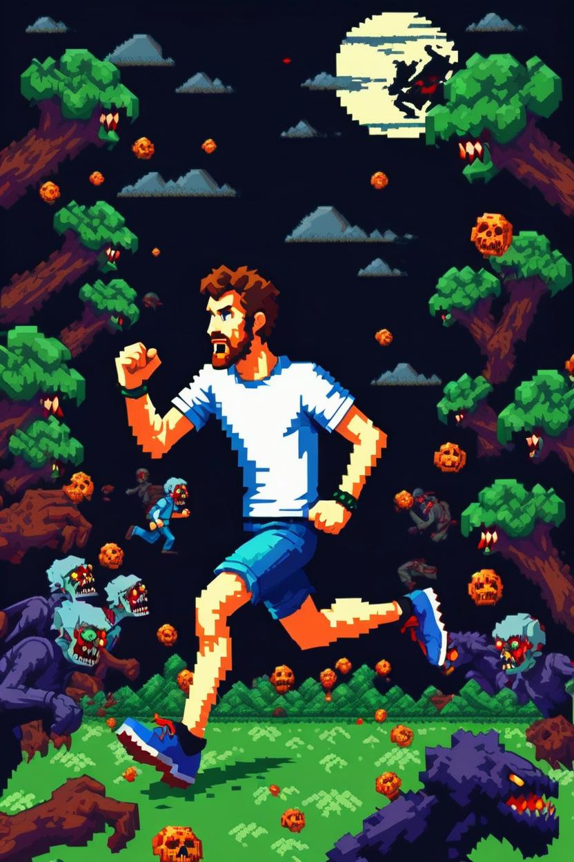 Artificial Intelligence (AI) generated image art, ..., (8 bit pixel art), running from zombies