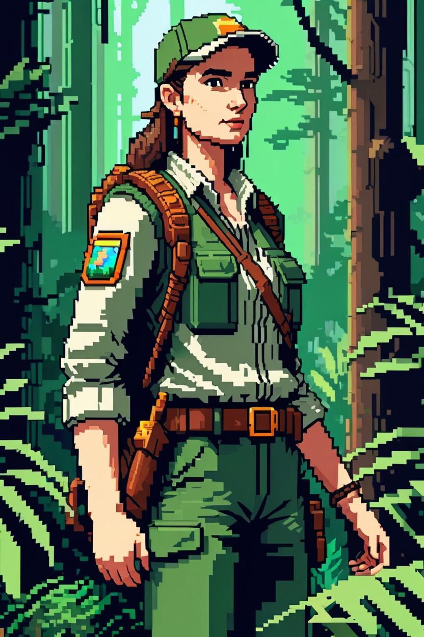 Artificial Intelligence (AI) generated image art, ..., (8 bit pixel art), in jungle, as ranger