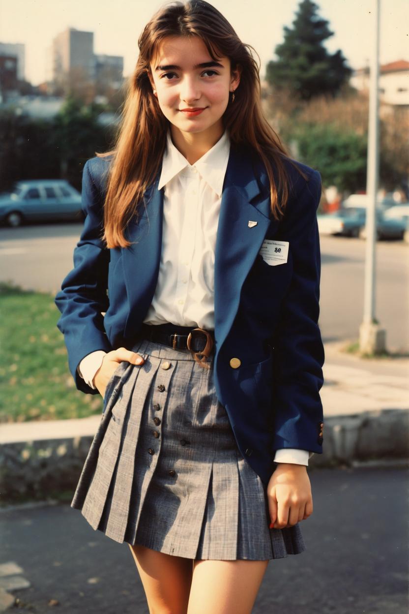 Artificial Intelligence (AI) generated image art, ..., 80s yearbook photo, vintage, as the popular hot girl, wearing vintage suit with skirt