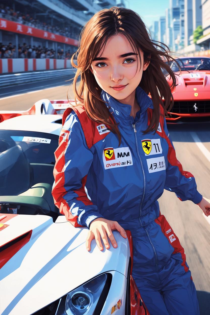 Artificial Intelligence (AI) generated image art, ..., as anime girl racing in ferrari, anime girl from Overtake!, Overtake!, super cute anime style, illustration, anime girl art by makoto shinkai