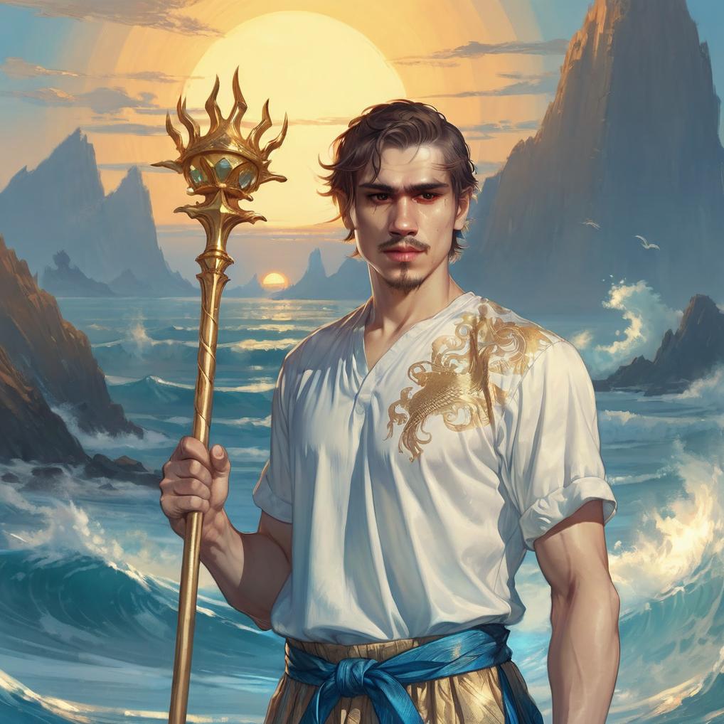 Artificial Intelligence (AI) generated image art, ..., ..., as Moses holding a staff with the ocean splitting in the background, by Stanley Artgerm Lau, WLOP, Rossdraws, James Jean, Andrei Riabovitchev, Marc Simonetti, and Sakimichan, highly detailed, ultra detailed, golden hour, trending on artstation, cgstudio