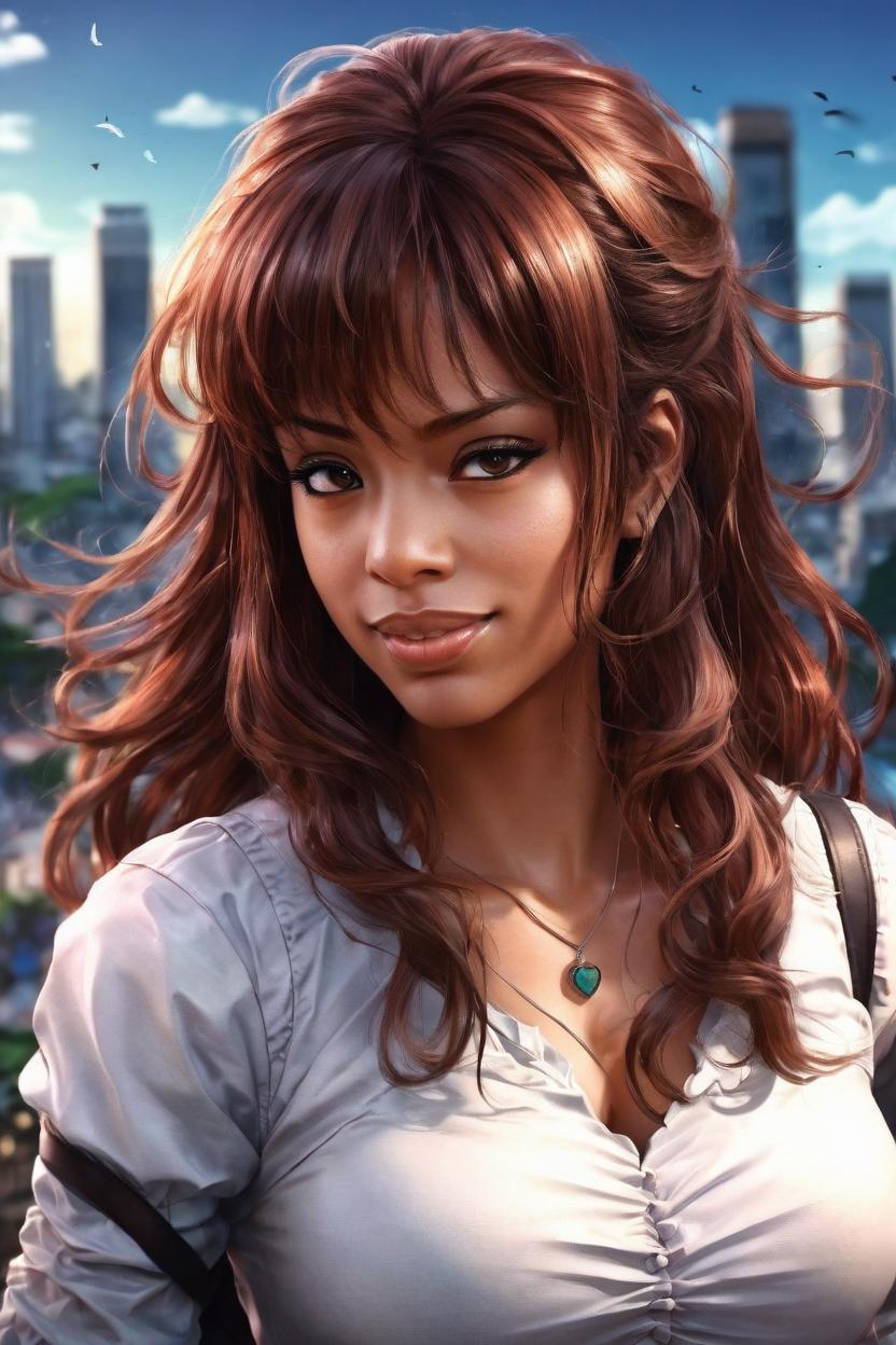 Artificial Intelligence (AI) generated image art, (*...*), Beautiful well-formed female, (Kentaro Miura manga book style), illustration, manga artstyle, portrait and torso, fantasy, landscape, city background, long hair, hair with bangs, dark brown eyes