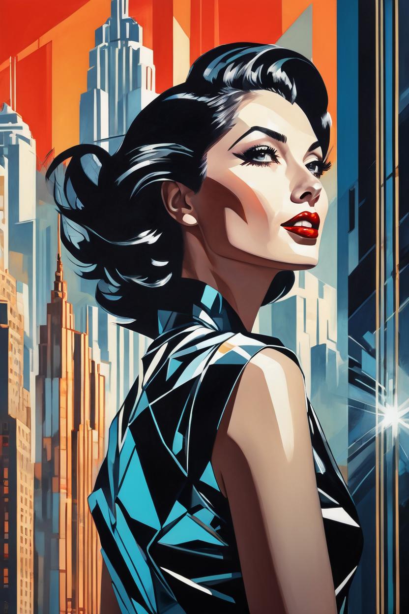 Artificial Intelligence (AI) generated image art, ..., shiny haircut, (leave space above head), dramatic light, art deco city background, high contrast, sharp, painted by stanley artgerm lau, painted by patrick nagel