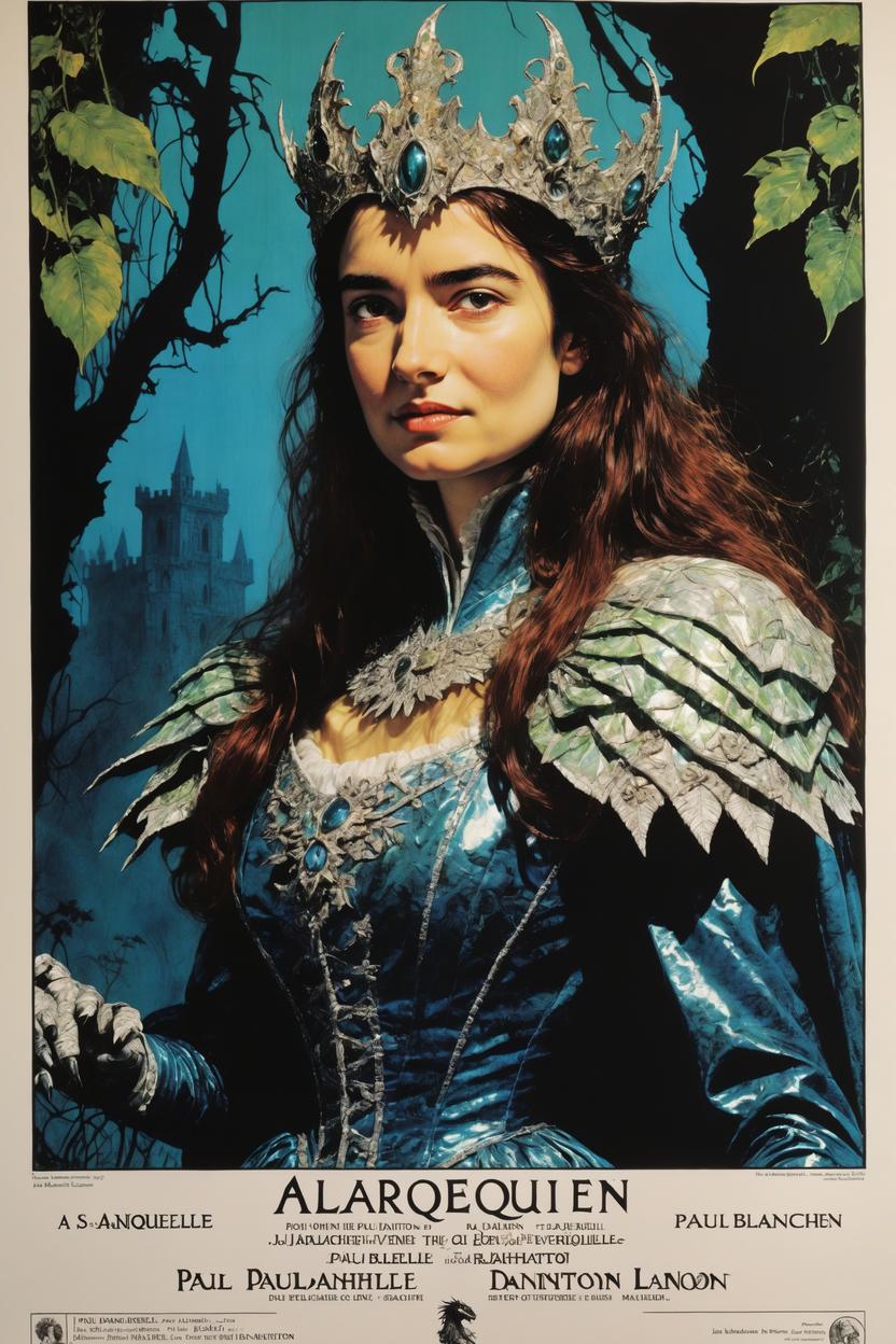 Artificial Intelligence (AI) generated image art, ..., as ALARIELLE THE EVERQUEEN, poster, by Paul Dainton, by John Blanche, Mantled in the finery of nature at its most wrathful