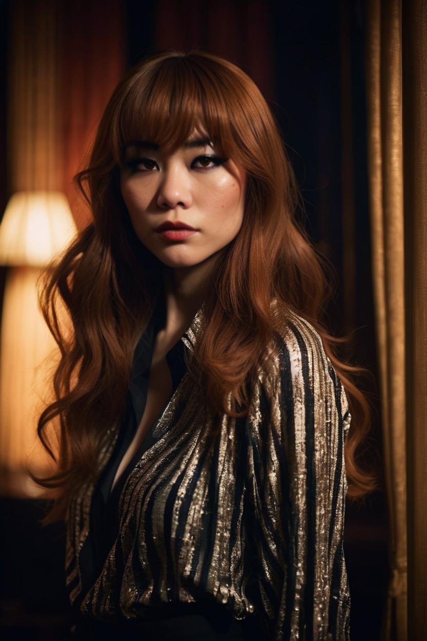 Artificial Intelligence (AI) generated image art, ..., young and beautiful, modern-day mafia aesthetic clothing, mafia wife makeup, long dark ginger hair, curtain bangs, Vintage jazz club setting, Cinematic shot, Dimly lit, Mysterious and seductive mood, Detailed and realistic body proportions, Smoky ambiance, Elegant, Dramatic Lighting, Femme Fatale, In the style of Martin Scorsese, full body image,