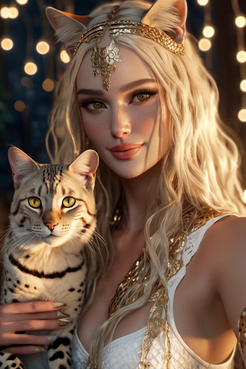 Artificial Intelligence (AI) generated image art, ..., as a majestic goddess with two Savannah cats, Girl, mysterious, beautiful blonde long hair, hazel eyes, soft fairy lights, golden notes, lace, highly intricate details, 3d, cgi, realistic light, trending on cgsociety, glowing eyes, ultra realistic details, pose, portrait, fantasy atmosphere, global illumination, shadows, octane render, 8 k,