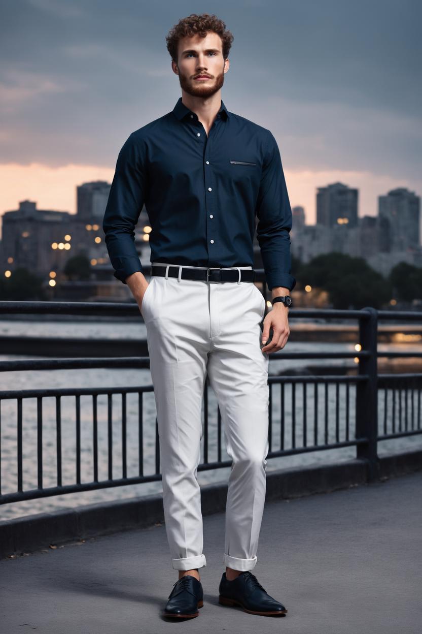 Artificial Intelligence (AI) generated image art, ..., Wearing a button-up shirt in solid navy, long sleeves, and a classic collar. The top is made of fine cotton and includes subtle, white button detailing. It features a slim fit and is waist-length, accentuated with a clean, front placket. Paired with tailored trousers in charcoal grey. These bottoms are slim fit with a high-waisted design and made of wool blend. They include sharp creases and belt loops. Completing the look with leather Oxford shoes in black, featuring polished finish. Accessories include a silver watch and a leather briefcase in dark brown, adding sophistication. Leaning against the railing of a sleek, modern city bridge, during the captivating glow of twilight. \"Extremely detailed photograph, stunning quality, beautiful lighting, creating a masterpiece, award-winning photograph