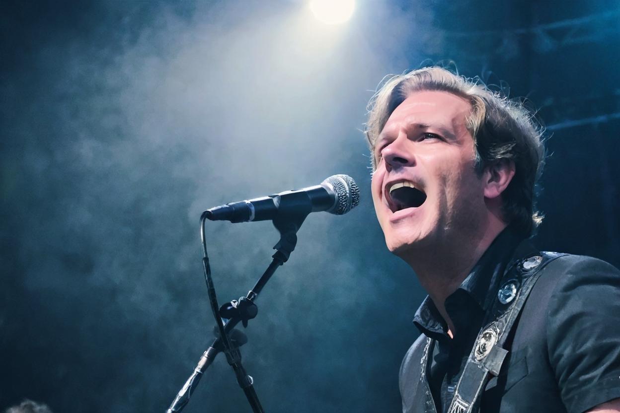 Artificial Intelligence (AI) generated image art, ..., as lead singer in a rock band from the perspective of someone in the general admission