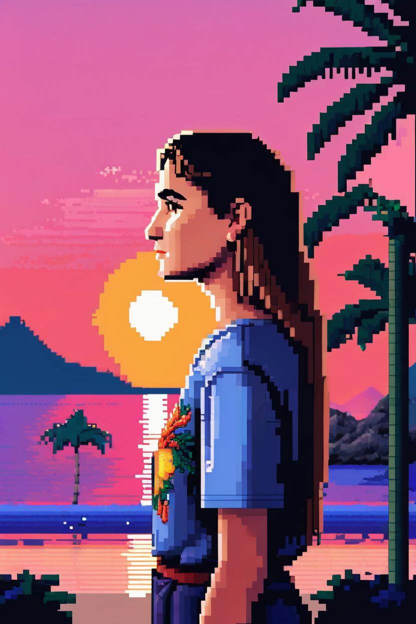 Artificial Intelligence (AI) generated image art, ..., (8 bit pixel art), tropical sunset at beach