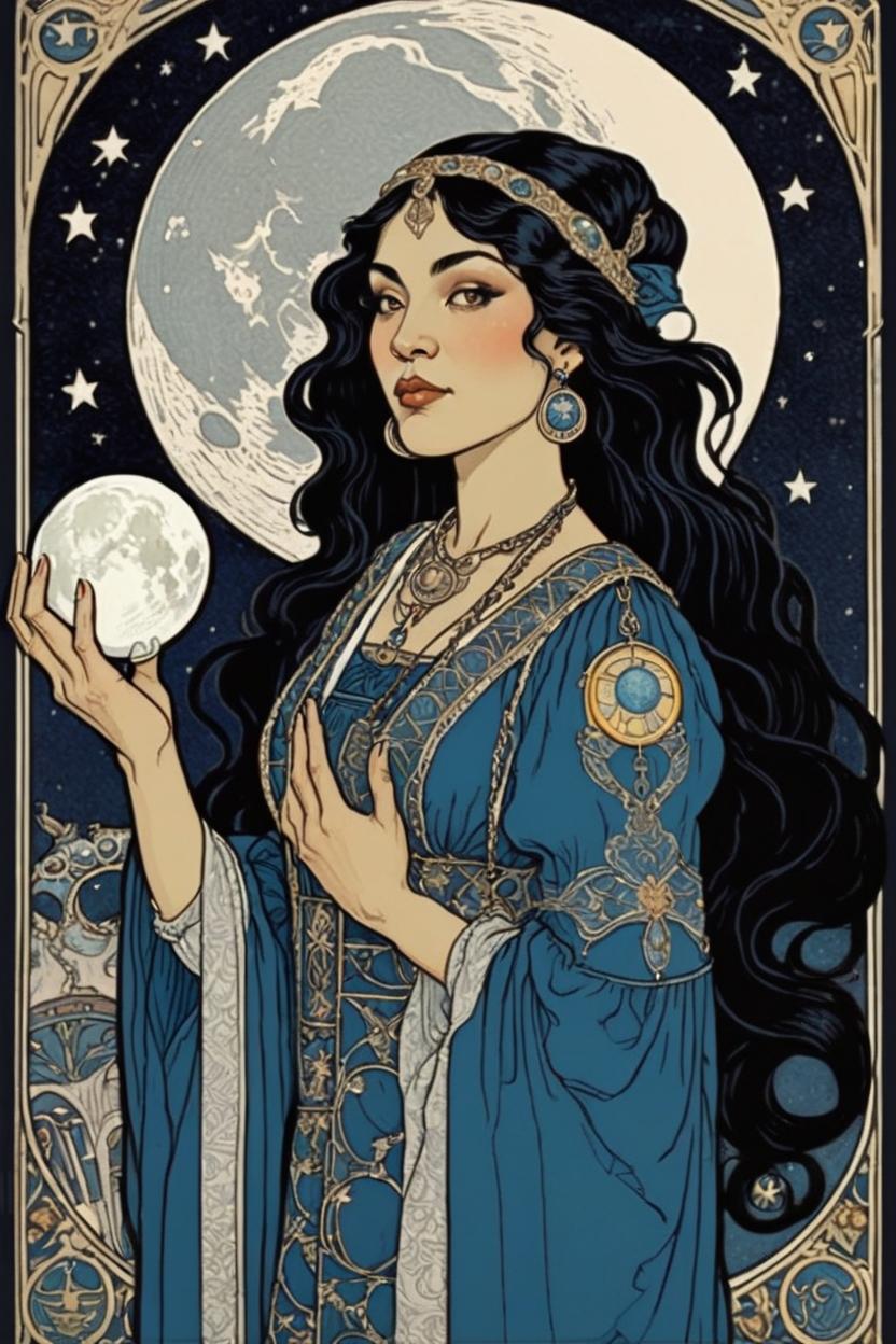 Artificial Intelligence (AI) generated image art, ..., portrait, artwork by Ivan Bilibin, Art Nouveau, tarot card, holding a moon