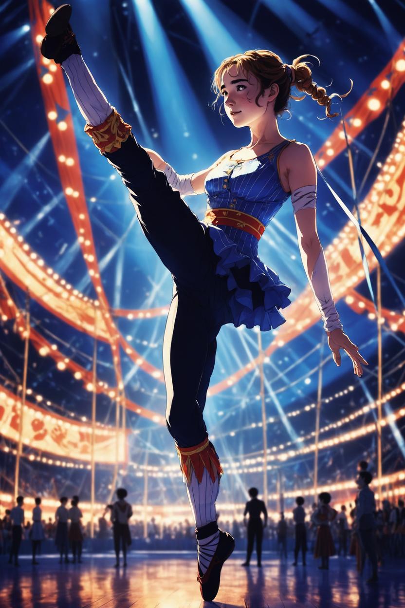 Artificial Intelligence (AI) generated image art, ..., as an anime girl,  anime style, illustration, art by makoto shinkai, circus acrobat, dramatic lighting, cirque du soleil, in the air