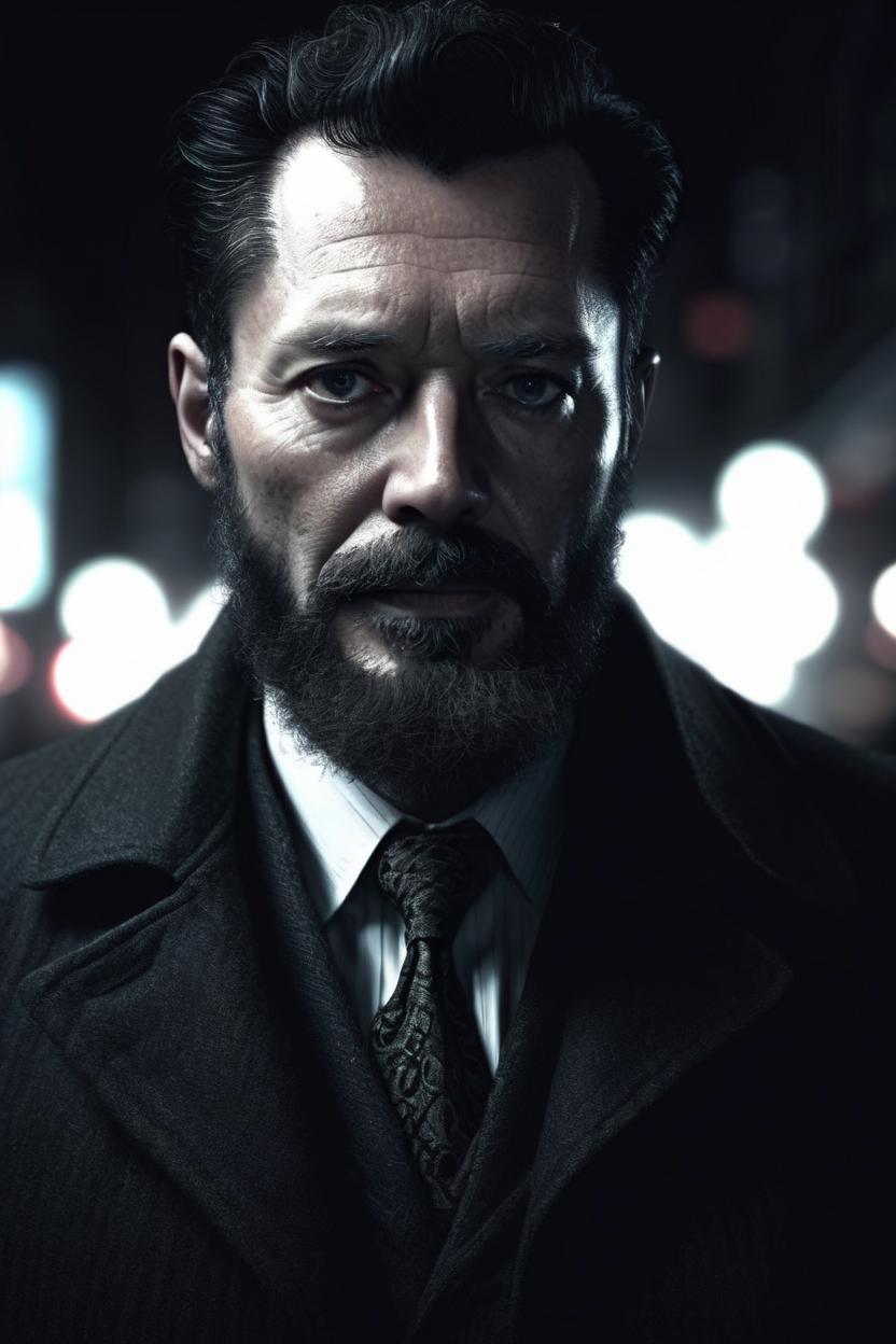 Artificial Intelligence (AI) generated image art, (((..., as noir detective, 30 years age, short 5mm dark beard))), Single face, dramatic lighting, cinematic, establishing shot, extremly high detail, photo realistic, cinematic lighting, post processed, concept art, artstation, matte painting, style by eddie mendoza, raphael lacoste, alex ross