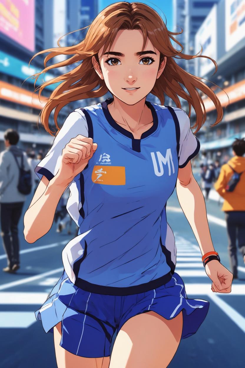 Artificial Intelligence (AI) generated image art, ..., as anime girl sprinting, anime girl from Uma Musume Twocar Derby, super cute anime style, illustration, anime girl art by makoto shinkai