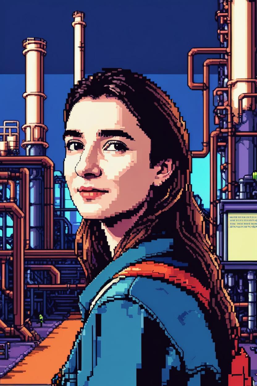 Artificial Intelligence (AI) generated image art, ..., (8 bit pixel art), chemical plant in background