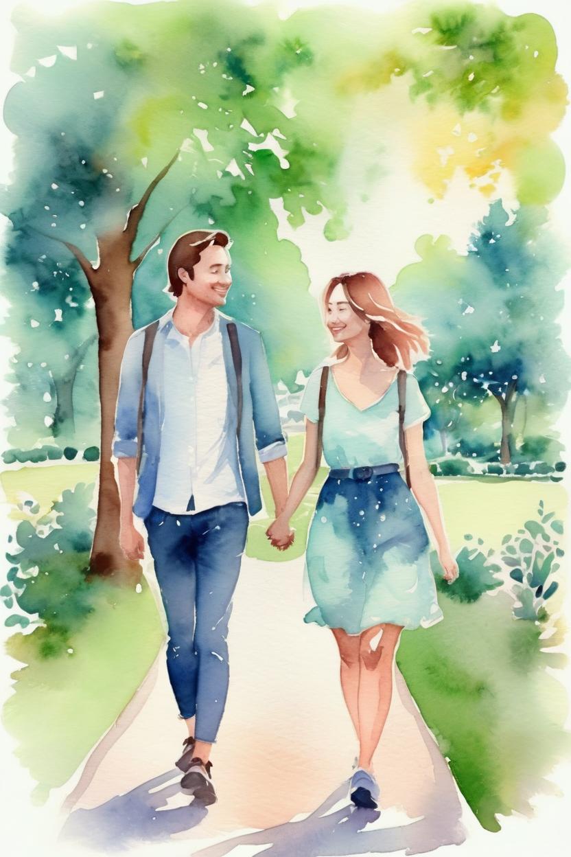 Artificial Intelligence (AI) generated image art, ..., watercolor, dreamy illustration, beautiful, in love, romantic, walking in the park, happy